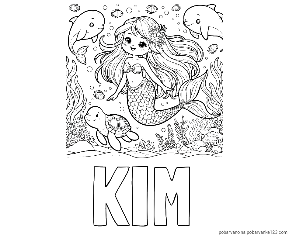 POBARVANA POBARVANKA - Pobarvanka imena KIM in pobarvana ljubke morske deklice s prijatelji