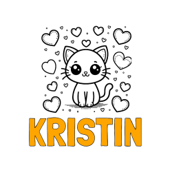 Pobarvana pobarvanka - Pobarvanka imena KRISTIN in pobarvanka ljubke mucke obdane z veliko srčki