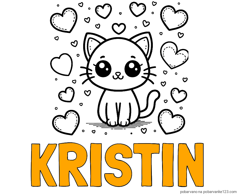 POBARVANA POBARVANKA - Pobarvanka imena KRISTIN in pobarvanka ljubke mucke obdane z veliko srčki