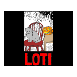 Pobarvana pobarvanka - Pobarvanka imena LOTI in pobarvanka mačke, duhcev ter velike nasmejane buče za noč čarovnic