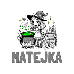 Pobarvana pobarvanka - Pobarvanka imena MATEJKA in pobarvanka prikupna čarovnica, ki pripravlja čarobni napoj