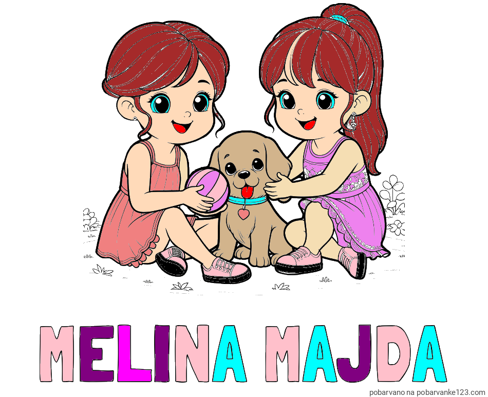 POBARVANA POBARVANKA - Pobarvanka imena MELINA MAJDA in pobarvanka prijateljic s kužkom