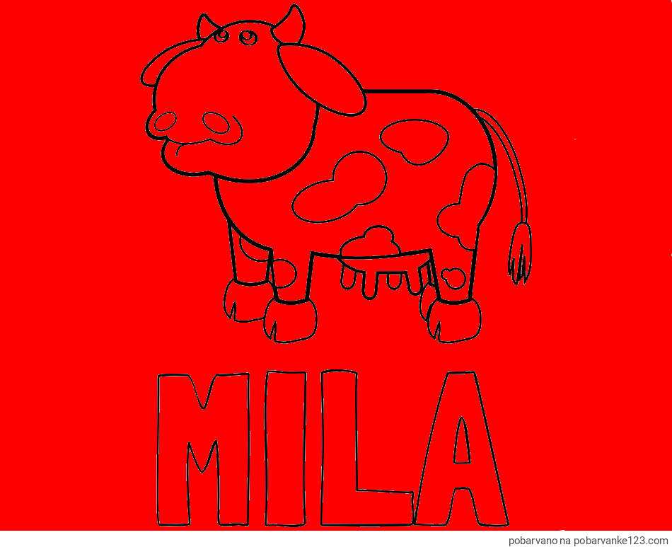 POBARVANA POBARVANKA - Pobarvanka imena MILA in otroška pobarvanka smešne krave