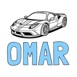 Pobarvana pobarvanka - Pobarvanka imena OMAR in pobarvanka čudovitega športnega avtomobila