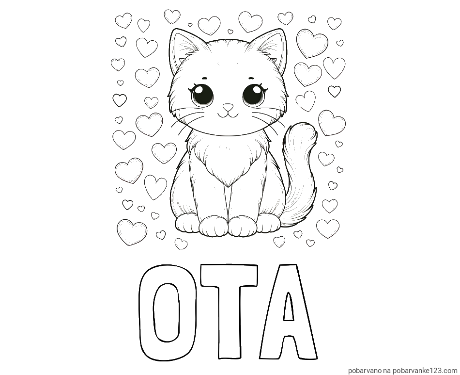 POBARVANA POBARVANKA - Pobarvanka imena OTA in pobarvanka ljubke mucke obdane s srčki