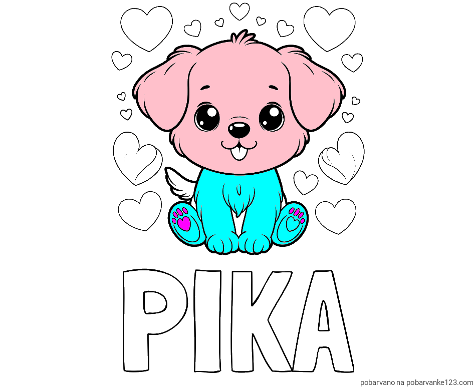 POBARVANA POBARVANKA - Pobarvanka imena PIKA in pobarvanka ljubkega kužka obdanega s srčki