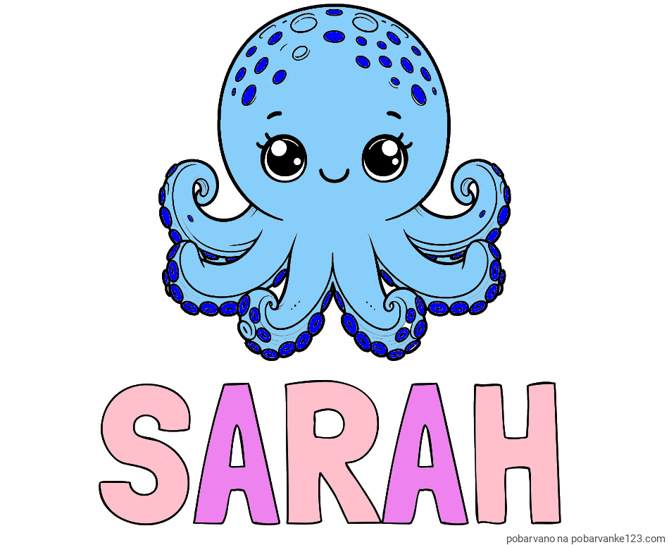 POBARVANA POBARVANKA - Pobarvanka imena SARAH in otroška pobarvanka ljubke hobotnice