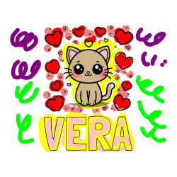 Pobarvana pobarvanka - Pobarvanka imena VERA in pobarvanka ljubke mucke obdane z veliko srčki