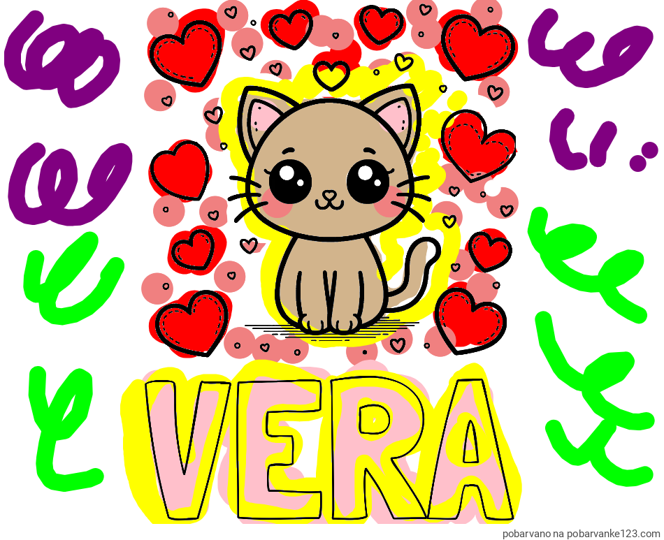 POBARVANA POBARVANKA - Pobarvanka imena VERA in pobarvanka ljubke mucke obdane z veliko srčki