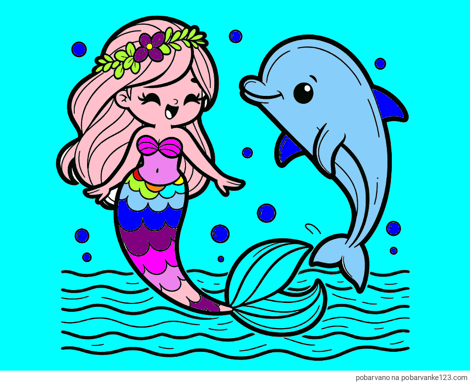 POBARVANA POBARVANKA - Pobarvanka ljubke morske deklice, ki pleše z delfinom