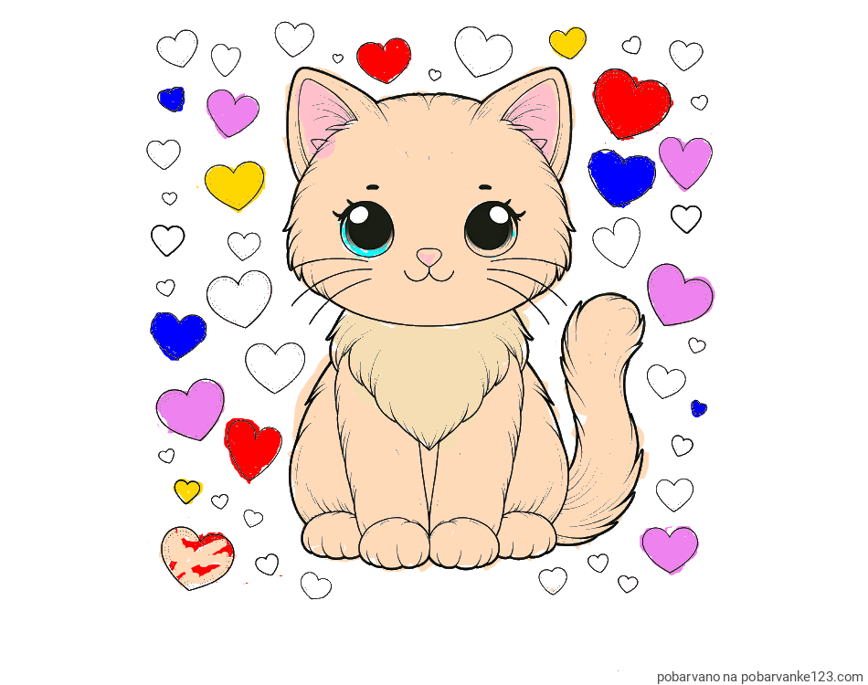 POBARVANA POBARVANKA - Pobarvanka ljubke mucke obdane s srčki