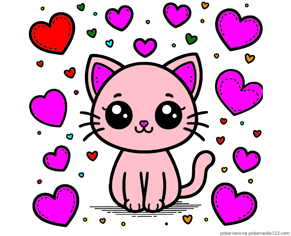 POBARVANA POBARVANKA - Pobarvanka ljubke mucke obdane z veliko srčki