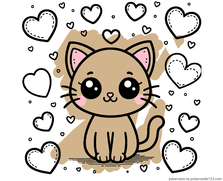 POBARVANA POBARVANKA - Pobarvanka ljubke mucke obdane z veliko srčki