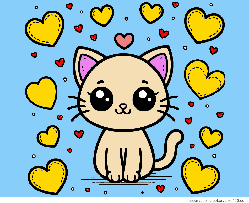 POBARVANA POBARVANKA - Pobarvanka ljubke mucke obdane z veliko srčki