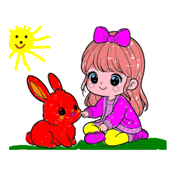 Pobarvana pobarvanka - Pobarvanka ljubke punčke, ki se igra z zajčkom