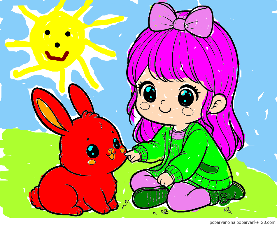 POBARVANA POBARVANKA - Pobarvanka ljubke punčke, ki se igra z zajčkom