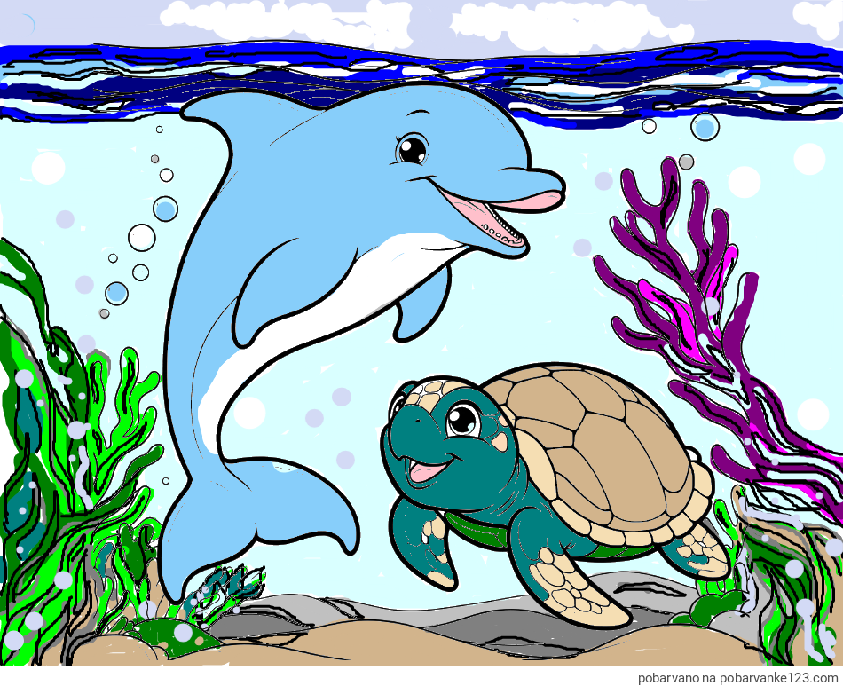 POBARVANA POBARVANKA - Pobarvanka ljubkega delfina z želvo v morju