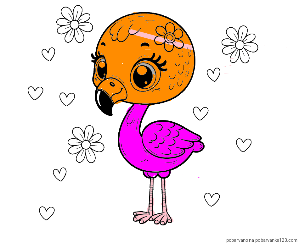 POBARVANA POBARVANKA - Pobarvanka mladička flaminga z rožicami in srčki
