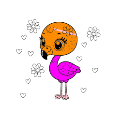 Pobarvana pobarvanka - Pobarvanka mladička flaminga z rožicami in srčki