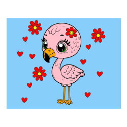 Pobarvana pobarvanka - Pobarvanka mladička flaminga z rožicami in srčki