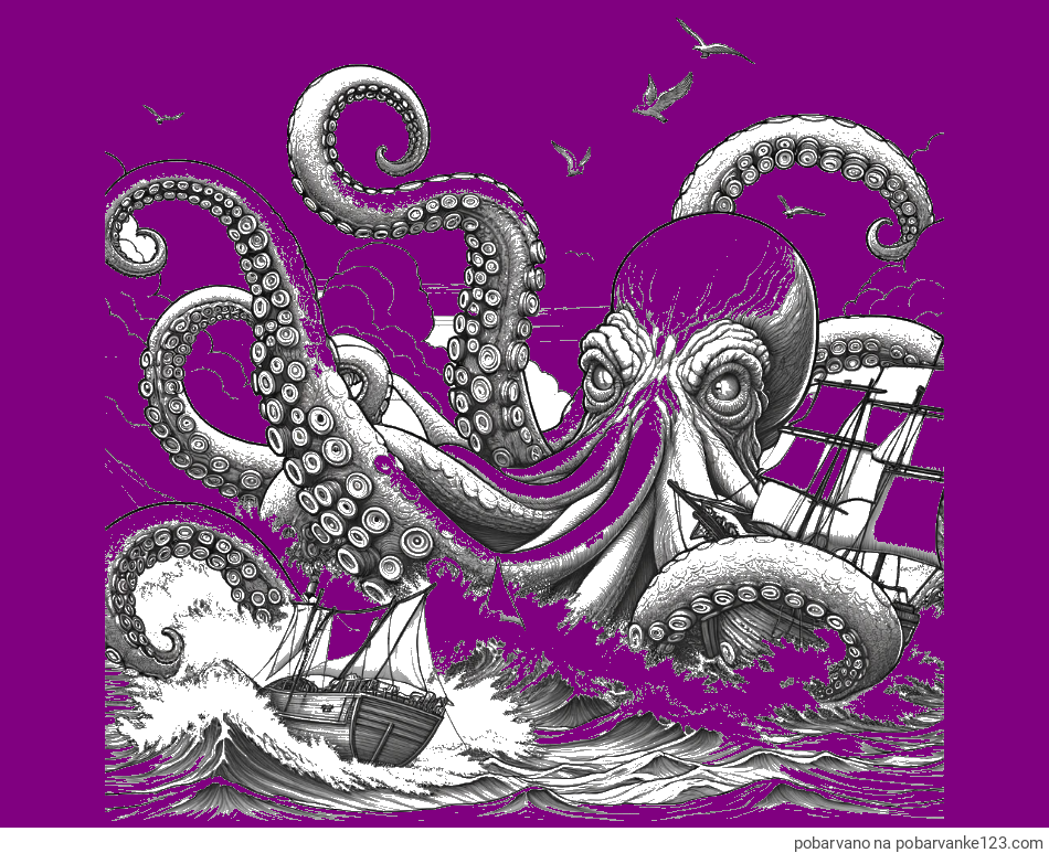 POBARVANA POBARVANKA - Pobarvanka orjaške hobotnice, ki je napadla veliko gusarsko ladjo