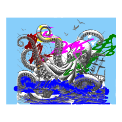 Pobarvana pobarvanka - Pobarvanka orjaške hobotnice, ki je napadla veliko gusarsko ladjo