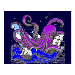 Pobarvana pobarvanka - Pobarvanka orjaške hobotnice, ki je napadla veliko gusarsko ladjo