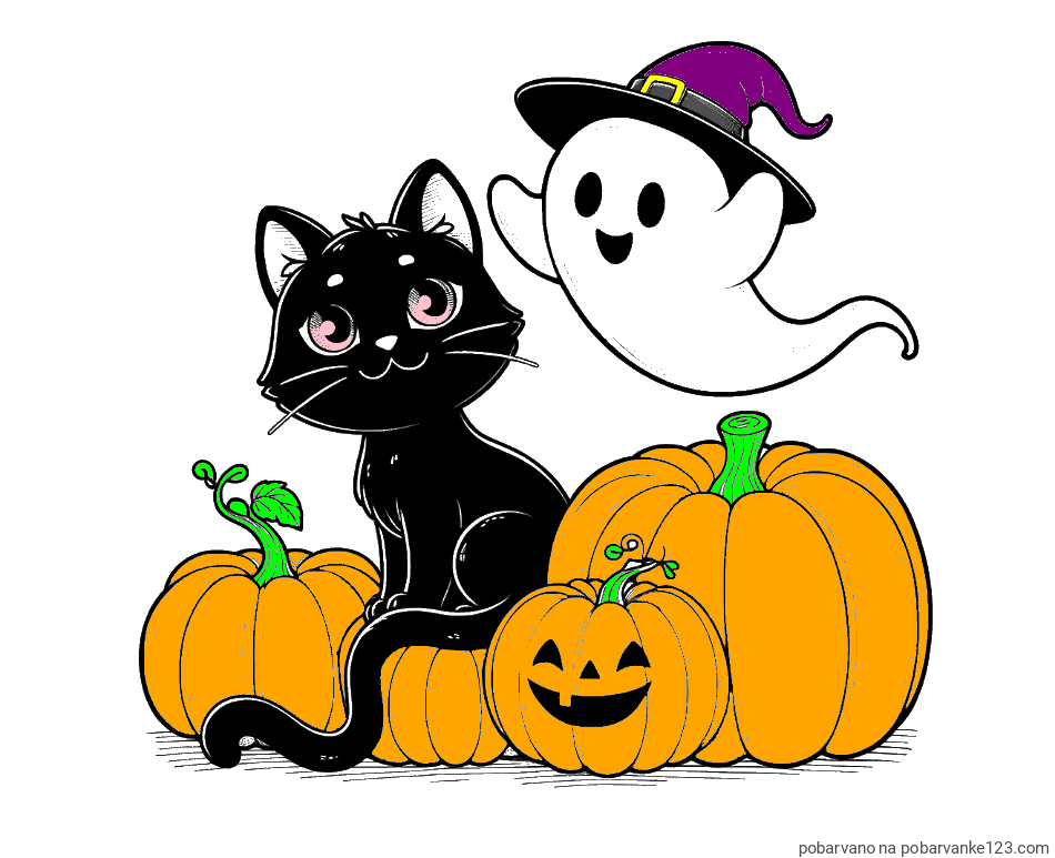 POBARVANA POBARVANKA - Pobarvanka prijaznega duhca, črne mačke ter buč za noč čarovnic