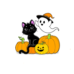 POBARVANA POBARVANKA - Pobarvanka prijaznega duhca, črne mačke ter buč za noč čarovnic