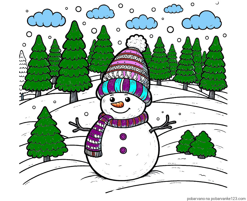 POBARVANA POBARVANKA - Pobarvanka snežaka v naravi obdanega z zasneženimi smrekami