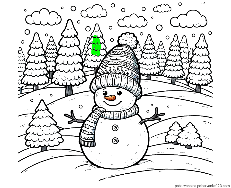 POBARVANA POBARVANKA - Pobarvanka snežaka v naravi obdanega z zasneženimi smrekami