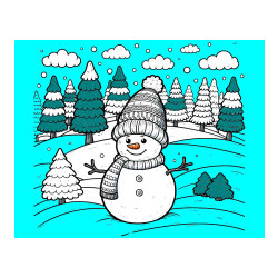 POBARVANA POBARVANKA - Pobarvanka snežaka v naravi obdanega z zasneženimi smrekami