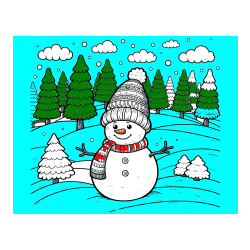 POBARVANA POBARVANKA - Pobarvanka snežaka v naravi obdanega z zasneženimi smrekami