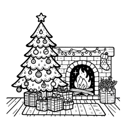 Pobarvanka božične noči z božično smrečico, darili ter kaminom