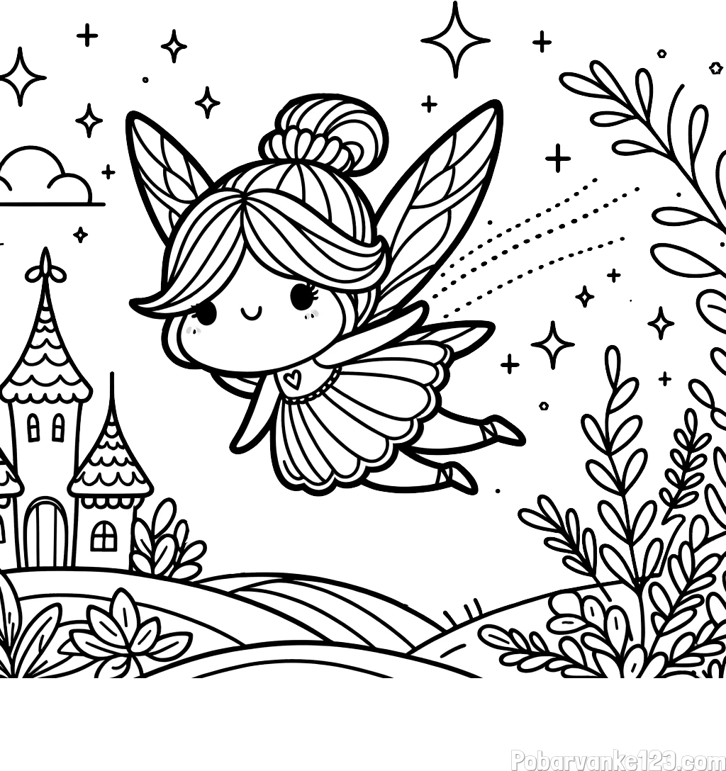 Pobarvanka čarobne vile, ki leti nad pravljično pokrajino