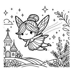 Pobarvanka čarobne vile, ki leti nad pravljično pokrajino