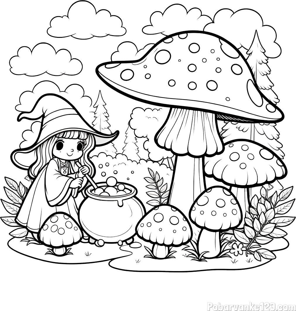 Pobarvanka čarovnice med gobami