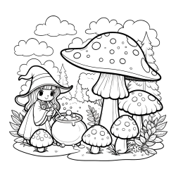 Pobarvanka čarovnice med gobami