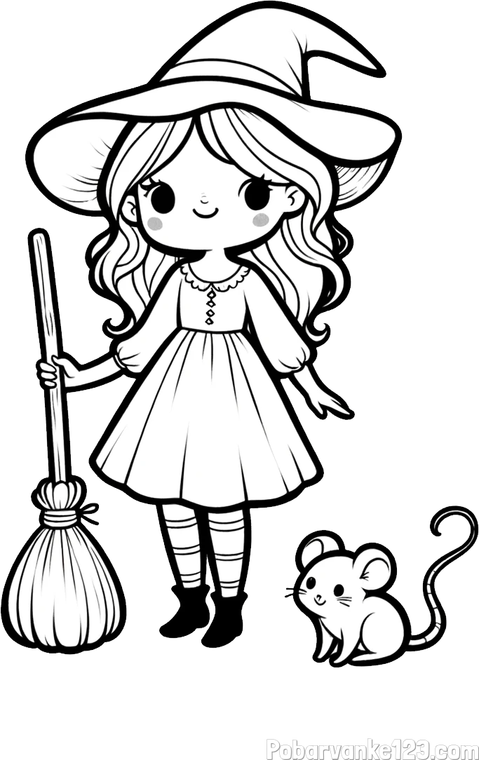 Pobarvanka čarovnice z metlo in miško