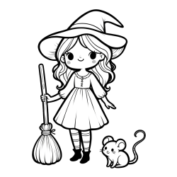 Pobarvanka čarovnice z metlo in miško