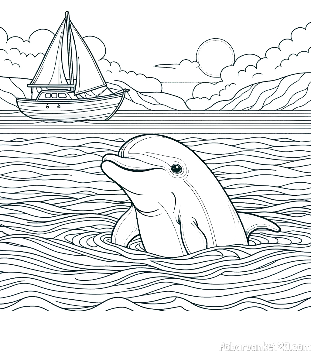 Pobarvanka delfina v morju ter jadrnice