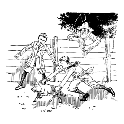 Pobarvanka dveh dečkov, ki lovita majhnega prašička