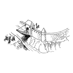 Pobarvanka grajskega obzidja z grajskim mostom