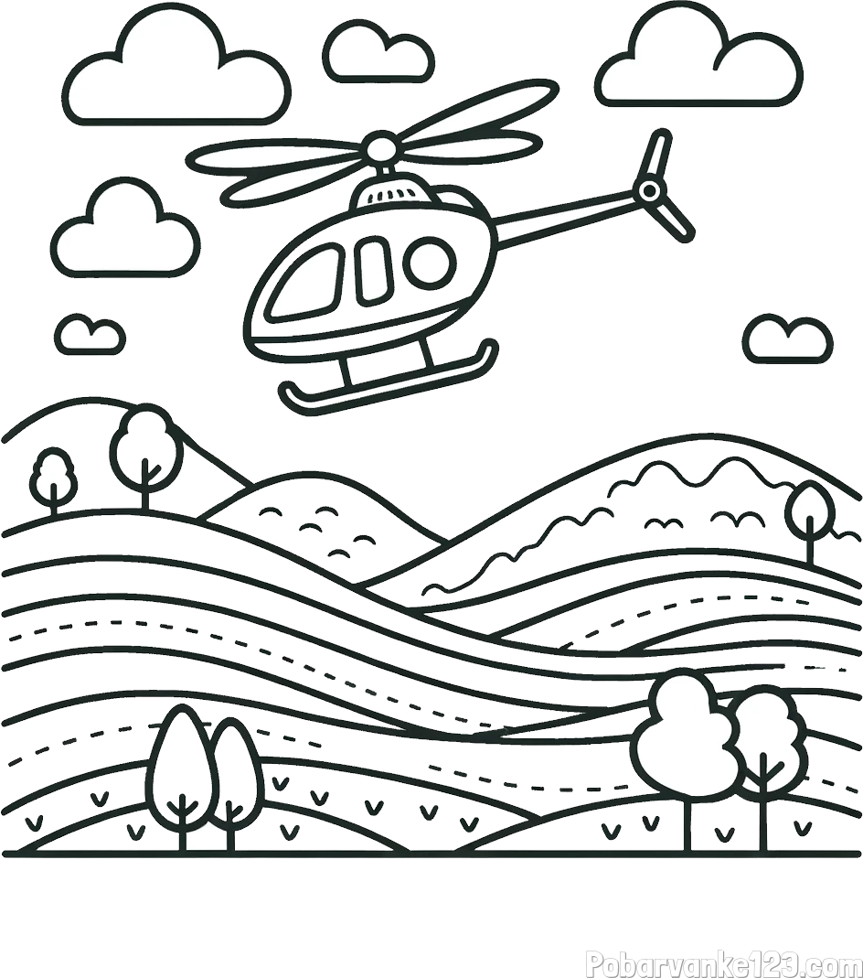 Pobarvanka helikopterja, ki leti nad pokrajino