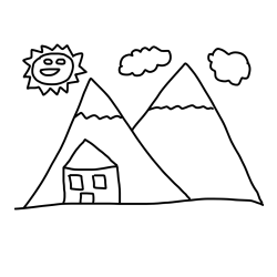 Pobarvanka hiške, gora ter nasmejanega sončka