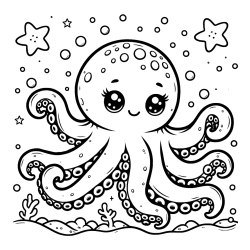 Pobarvanka hobotnice v morju obdane z morskimi zvezdami