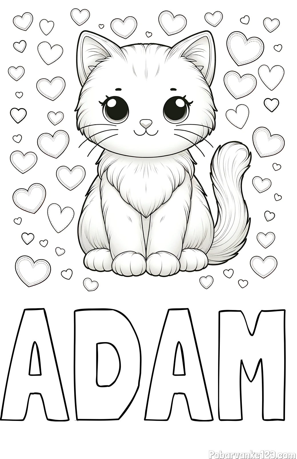Pobarvanka imena ADAM in pobarvanka ljubke mucke obdane s srčki