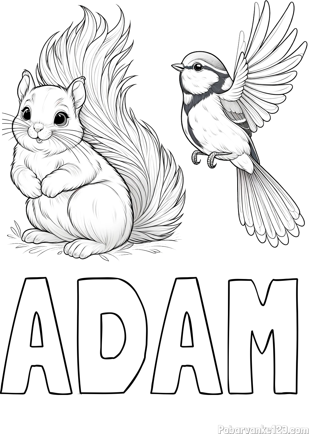 Pobarvanka imena ADAM in pobarvanka veverice in ptičke