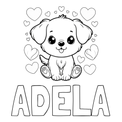 Online izdelana pobarvanka - Pobarvanka imena ADELA in pobarvanka ljubkega kužka obdanega s srčki