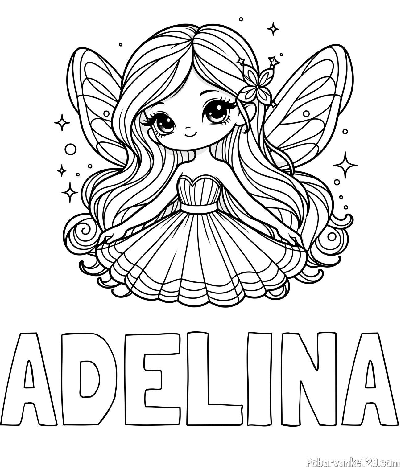 Pobarvanka imena ADELINA in pobarvanka ljubke in nasmejane čarobne vile